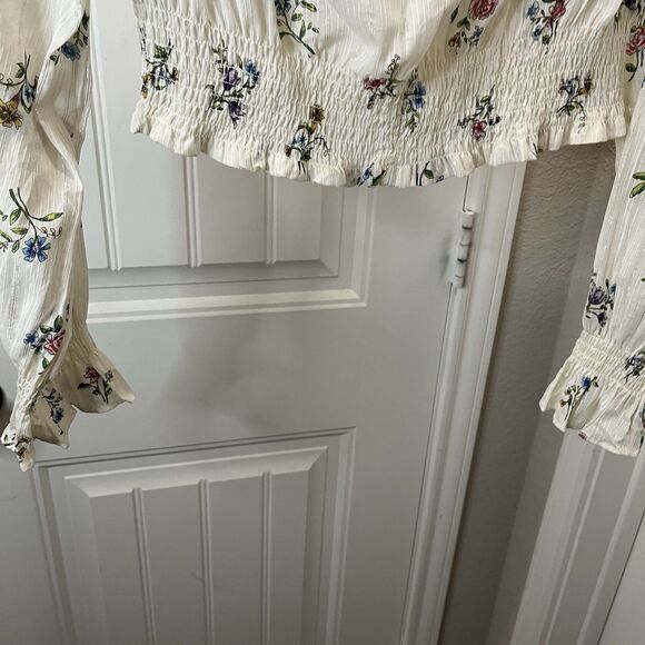 Zara Floral Cream Metallic Striped Long Sleeve Ruffle Crop Smocked Top Juniors L - Picture 8 of 11